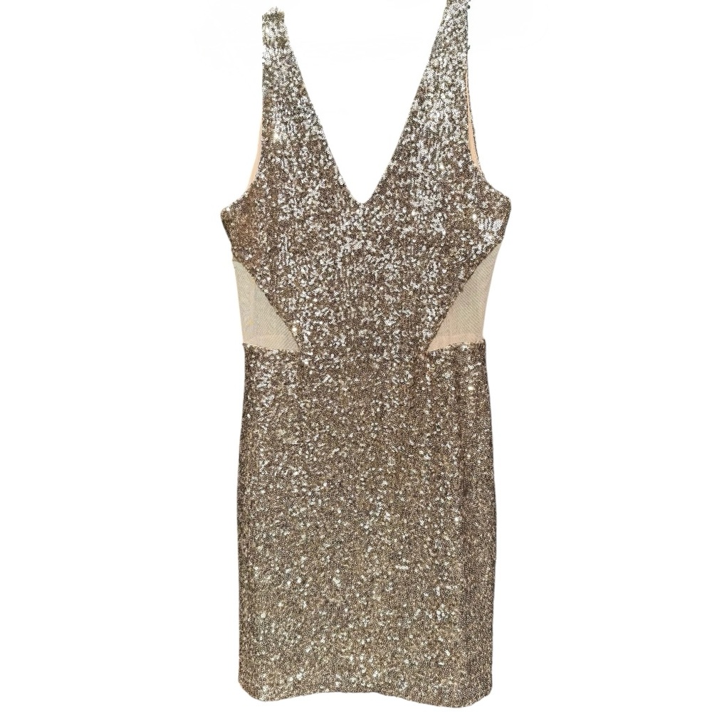 Bebe Gold Sequin Dress with Sheer Mesh Panels, Fully Lined